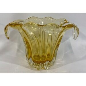 TELEFLORA MCM MURANO STYLE ART SWUNG GLASS AMBER GOLD WATERFALL DRIP VASE 6" EUC